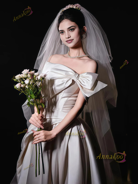 Shop 2025 ANNAKOO Satin Bow Off The Shoulder Trumpet Mermaid Wedding Dress Under 189