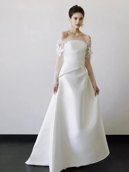 Shop 2025 ANNAKOO Long Sleeve Flowers Off The Shoulder Satin Wedding Dress Under 189