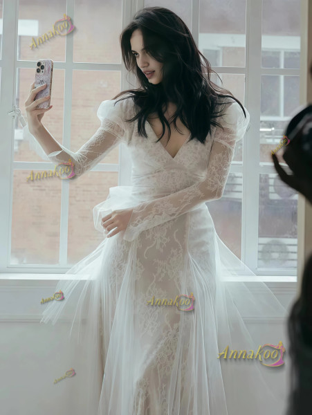 Shop 2025 ANNAKOO Deep V Neck Long Sleeve A Line Tulle Wedding Dress Under 189