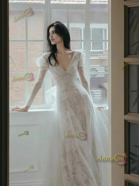 Shop 2025 ANNAKOO Deep V Neck Long Sleeve A Line Tulle Wedding Dress Under 189