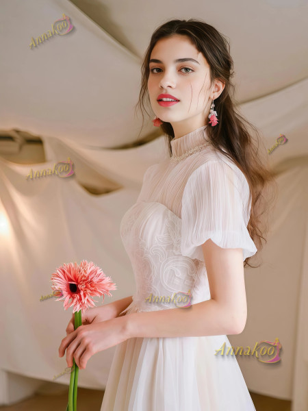 Shop 2025 ANNAKOO High Neck Tulle A Line Short Sleeve Appliques Wedding Dress Under 198