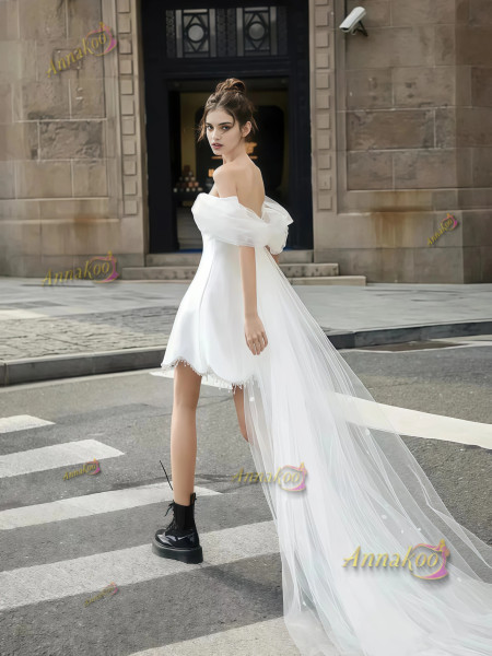 Shop 2025 ANNAKOO Satin Off The Shoulder Beading Short Mini Wedding Dress Under 198