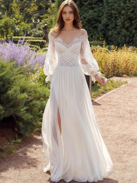 Shop 2025 ANNAKOO Long Sleeve Sweetheart A Line Chiffon Wedding Dress With Slit Under 178