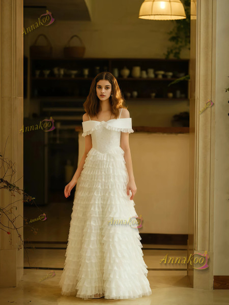 Shop 2025 ANNAKOO Off The Shoulder Layers Tulle Ruffles Wedding Dress Under 228