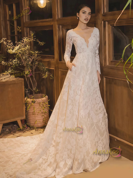 Shop 2025 ANNAKOO Lace Long Sleeve V Neck White A Line Wedding Dress Under 190
