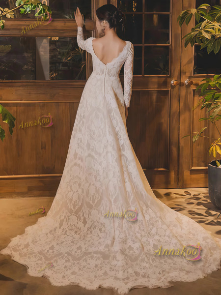 Shop 2025 ANNAKOO Lace Long Sleeve V Neck White A Line Wedding Dress Under 190