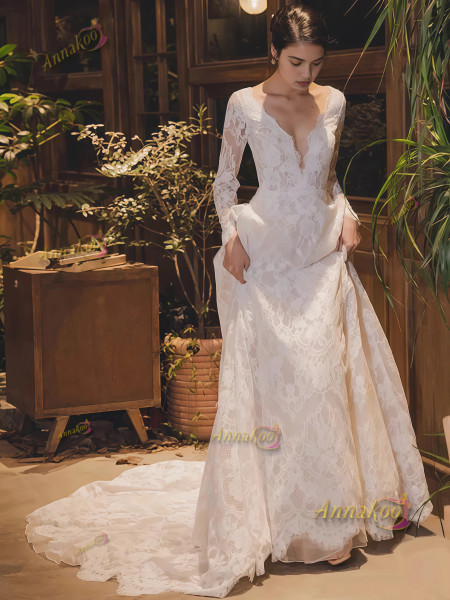 Shop 2025 ANNAKOO Lace Long Sleeve V Neck White A Line Wedding Dress Under 190