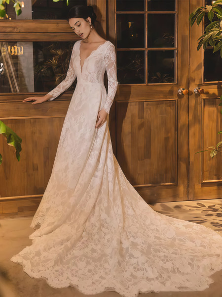 Shop 2025 ANNAKOO Lace Long Sleeve V Neck White A Line Wedding Dress Under 190