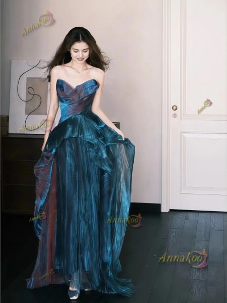 Shop 2025 ANNAKOO Blue Pleats Ruffles Sweetheart Orgaza Prom Dress Under 167