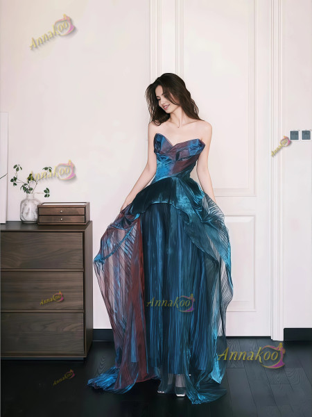 Shop 2025 ANNAKOO Blue Pleats Ruffles Sweetheart Orgaza Prom Dress Under 167