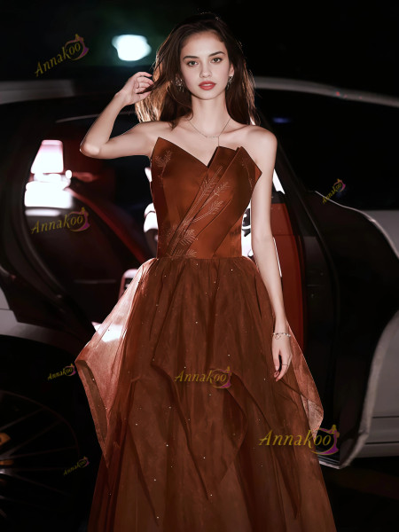 Shop 2025 ANNAKOO Burgundy Ruched Sweetheart Tulle Ruffles Prom Dress Under 168