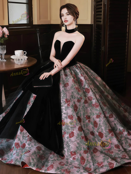 Shop 2025 ANNAKOO Rose Print Tulle Ball Gown Ruffles Prom Dress Under 188