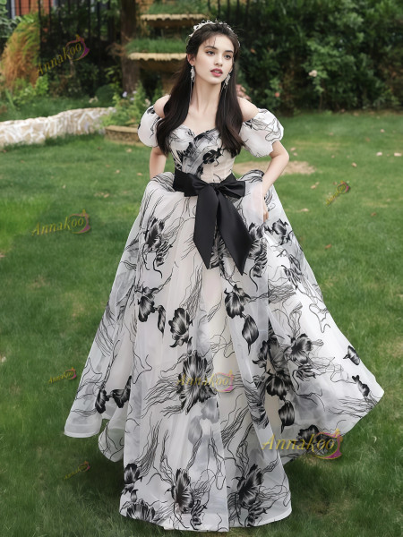 Shop 2025 ANNAKOO Flower Print Off The Shoulder Tulle Black Prom Dress Under 178