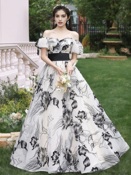 Shop 2025 ANNAKOO Flower Print Off The Shoulder Tulle Black Prom Dress Under 178