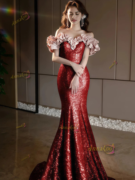 Shop 2025 ANNAKOO Off The Shoulder Sequin Burgundy Trumpet Mermaid Prom Dress Under 189