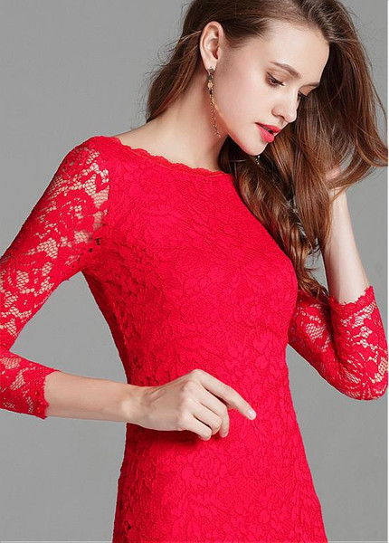 In Stock Lace Jewel Red Short Sheath/Column Cocktail Dress