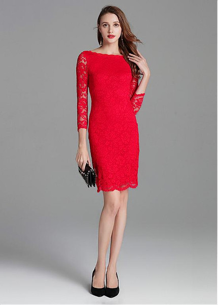 In Stock Lace Jewel Red Short Sheath/Column Cocktail Dress