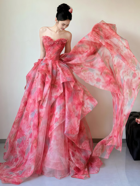Shop 2025 ANNAKOO Chiffon Print Pink Ruffles Layers Prom Dress Under 178
