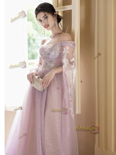 Shop 2025 ANNAKOO Long Sleeves Purple Tulle A Line Beading Prom Dress Under 198 