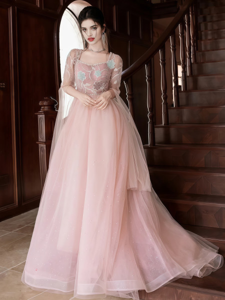 Shop 2025 ANNAKOO Long Sleeves Pink Tulle Beading Flowers Prom Dress Under 189
