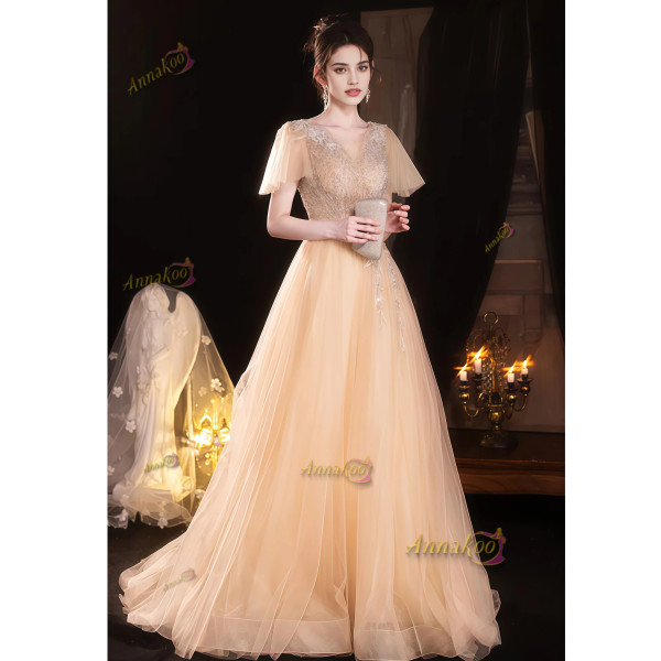 Champagne Cap Sleeve V Neck Beading Prom Dress