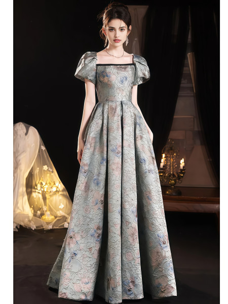Shop 2025 ANNAKOO Puffy Sleeve Print Satin A Line Prom Dress Under 178