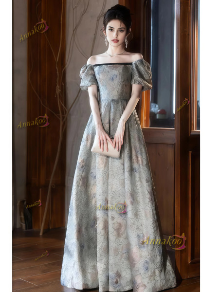 Shop 2025 ANNAKOO Puffy Sleeve Print Satin A Line Prom Dress Under 178