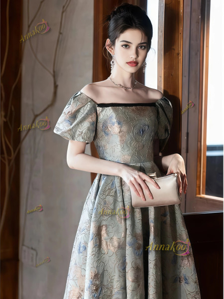 Shop 2025 ANNAKOO Puffy Sleeve Print Satin A Line Prom Dress Under 178