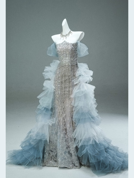 Shop 2025 ANNAKOO Blue Ombre Layer Tulle Trumpet Mermaid Beading Prom Dress Under 499