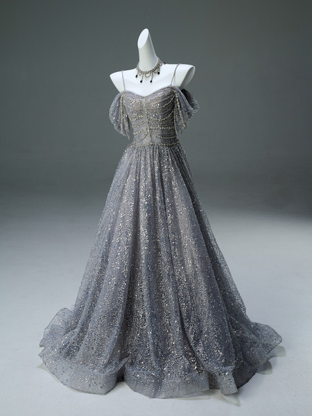 Shop 2025 Annakoo Silver Spaghetti Straps Sparkle Tulle Beading Prom Dress Under 439