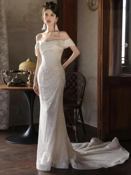 Shop 2025 ANNAKOO Off The Shoulder Satin Sparkle Sequin Trumpet Mermaid Wedding Dress Under 398