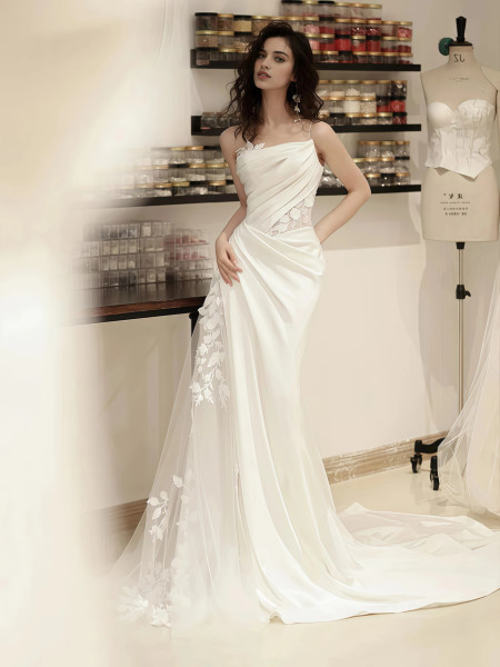 Shop 2025 ANNAKOO Sheer Satin Ruched Trumpet Mermaid Lace Appliques Wedding Dress Under 198