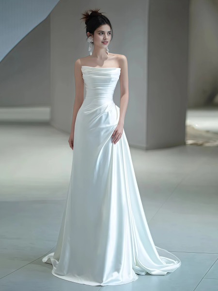 Shop 2025 ANNAKOO Ruched A Line Strapless Satin Wedding Dress Under 198