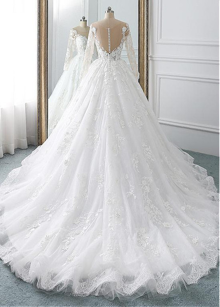 Appliques Tulle & Lace Scoop Ball Gown 3D Flowers Wedding Dress  