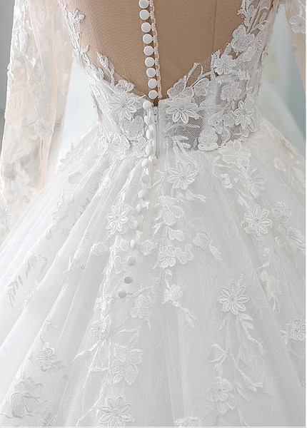Appliques Tulle & Lace Scoop Ball Gown 3D Flowers Wedding Dress  