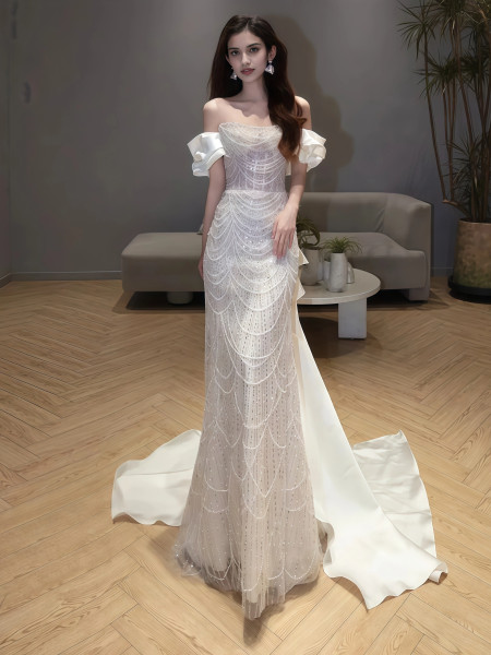 Shop 2025 ANNAKOO Off The Shoulder Pearls Trumpet Mermaid Sequin Wedding Dress Under 238