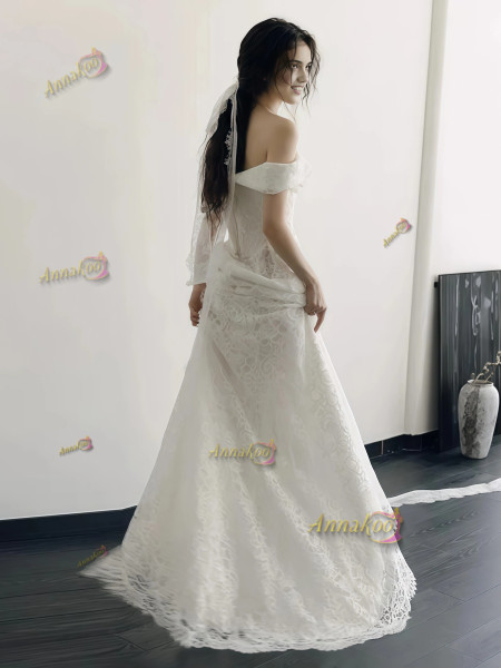 Shop 2025 ANNAKOO Off The Shoulder Lace Trumpet Mermaid Train Wedding Dress Under 198