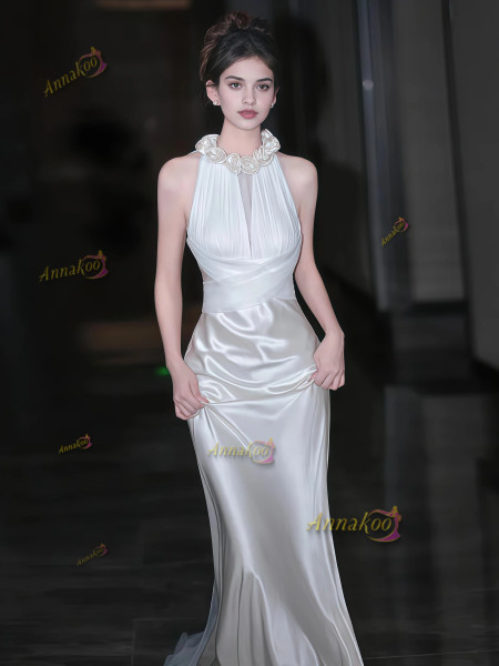 Shop 2025 ANNAKOO Satin Trumpet Mermaid Halter Flower Wedding Dress Under 189