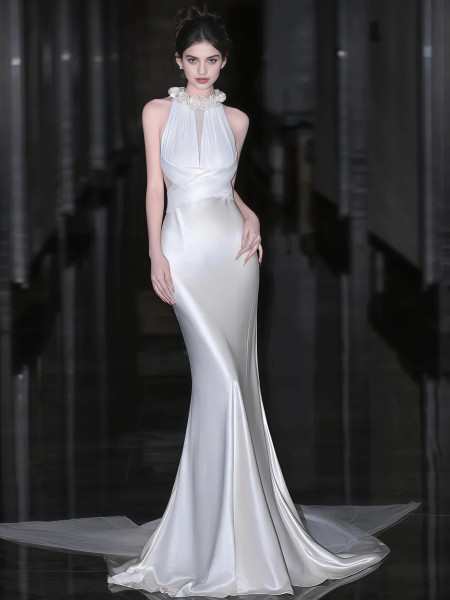 Shop 2025 ANNAKOO Satin Trumpet Mermaid Halter Flower Wedding Dress Under 189