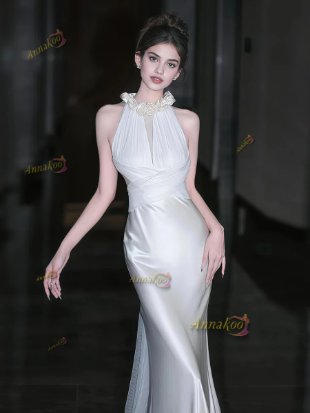 Shop 2025 ANNAKOO Satin Trumpet Mermaid Halter Flower Wedding Dress Under 189