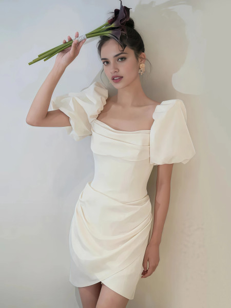 Shop 2025 ANNAKOO Short Puffy Sleeves Short Mini Ruched Wedding Dress Under 129