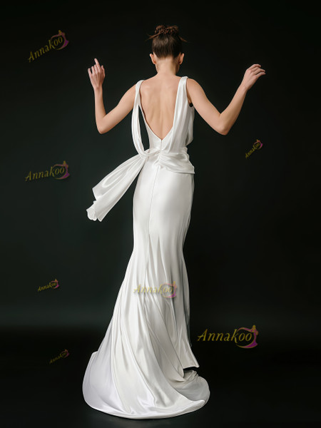 Shop 2025 ANNAKOO Satin V Neck Trumpet Mermaid Backless Wedding Dress Under 158