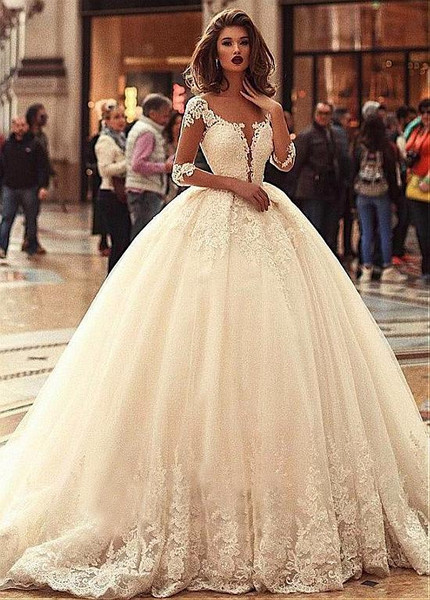 Beadings Scoop Long Sleeve Ball Gown Wedding Dress
