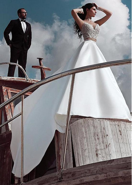Satin Sheer Jewel Long Two-piece A-line Wedding Dress
