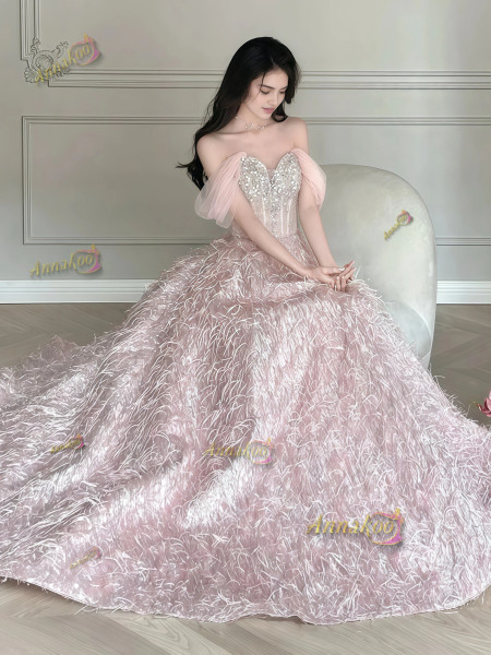 Shop 2025 ANNAKOO Off The Shoulder Ruffles Pink Beading Feather Prom Dress Under 289