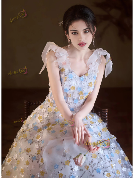 Shop 2025 ANNAKOO Blue Flower Tie Shoulder Sparkle Tulle Prom Dress Under 189