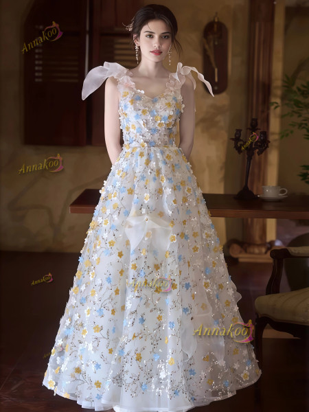 Shop 2025 ANNAKOO Blue Flower Tie Shoulder Sparkle Tulle Prom Dress Under 189