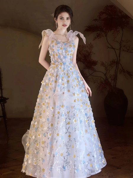 Shop 2025 ANNAKOO Blue Flower Tie Shoulder Sparkle Tulle Prom Dress Under 189