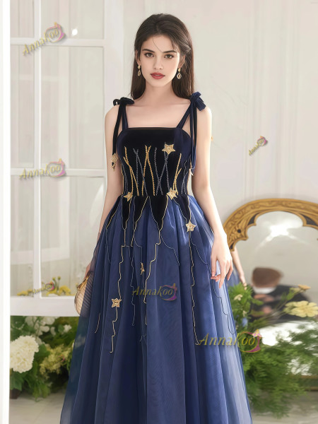 Shop 2025 ANNAKOO Tie Shoulder Square Velvet Tulle Blue Beading Prom Dress Under 187