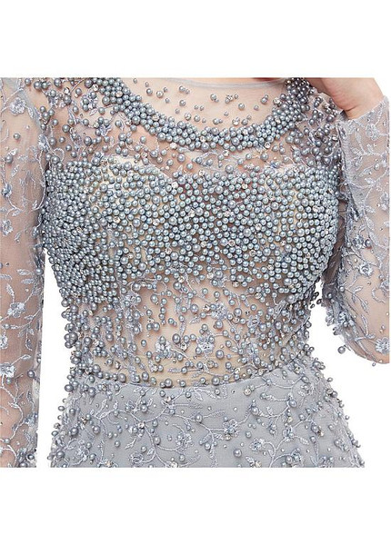  Lace Bateau Silver Long Sleeve Beading Mermaid Formal Dress